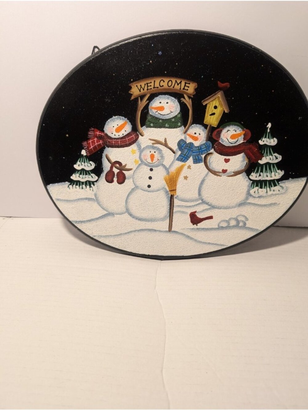 Hand-Painted Snowman Family Welcome Sign Wall Decor Winter Scene Oval Shape With